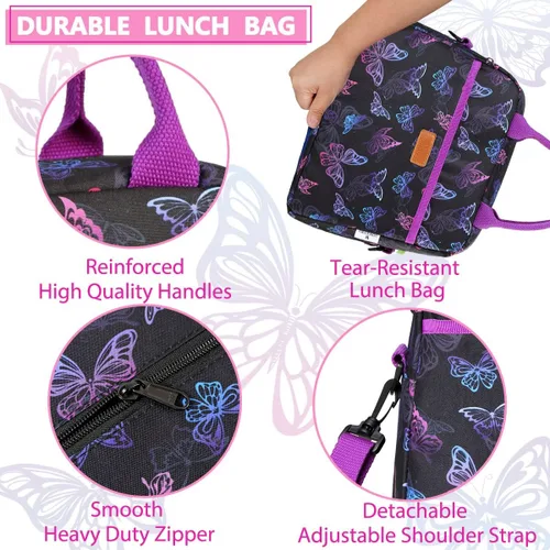 Vista 4 de VONXURY - Bolsa de almuerzo térmica con diseño de mariposa para niñas, con correa de hombro extraíble, para niñas