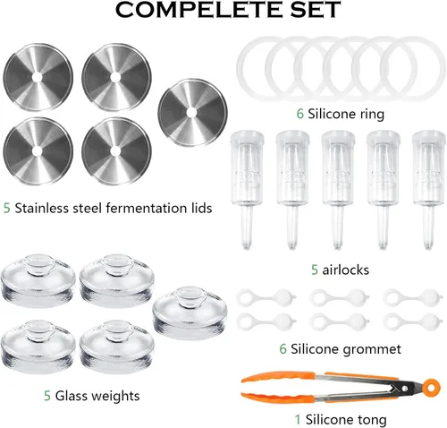 Vista 2 de Artcome Kit de fermentación de 28 piezas, 5 tapas de fermentación de acero inoxidable, 5 pesos de vidrio, 5 esclusas de aire, 6 anillos de silicona