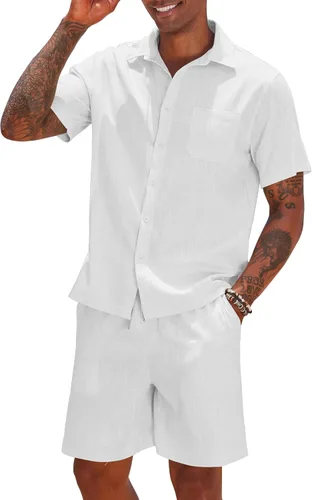 COOFANDY Conjunto de lino de 2 piezas para hombre, camisa casual de manga corta y conjunto de playa corto