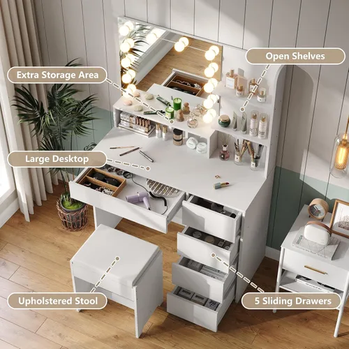 Vista 5 de Furniouse Escritorio de tocador de 37 pulgadas de ancho, espejo de tocador con luces y juego de mesa con 5 cajones, juego de tocador 3 modos