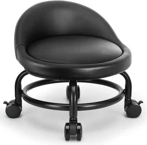 Vista 10 de Taburete enrollable de baja altura de piel sintética, cómodo asiento giratorio de 360°, silla moderna con ruedas para oficina en casa, garaje, tienda