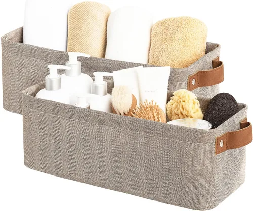 Vista 30 de StorageWorks Contenedores de almacenamiento estrechos, cesta pequeña para armario y estantes, organizador rectangular de tela con asas, Beige