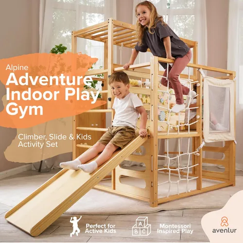 Vista 2 de Avenlur Gimnasio Montessori Alpino de Madera para Selva Interior con Columpio, Juguetes de Escalada para Niños Pequeños y Bebés, Pared de Roca