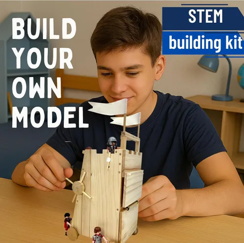 Vista 2 de PATHFINDERS Kit STEM - Torre de asedio medieval con catapulta Kit de construcción de madera para adolescentes y adultos Juguete de ingeniería
