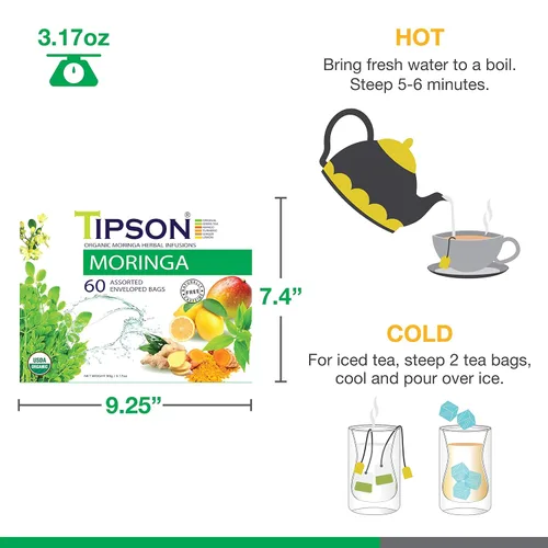 Vista 7 de Tipson Infusiones de té de hierbas orgánicas, bolsas envueltas surtidas, orgánicas, sin OMG, sin gluten, 60 bolsas de té prémium (paquete de 1)