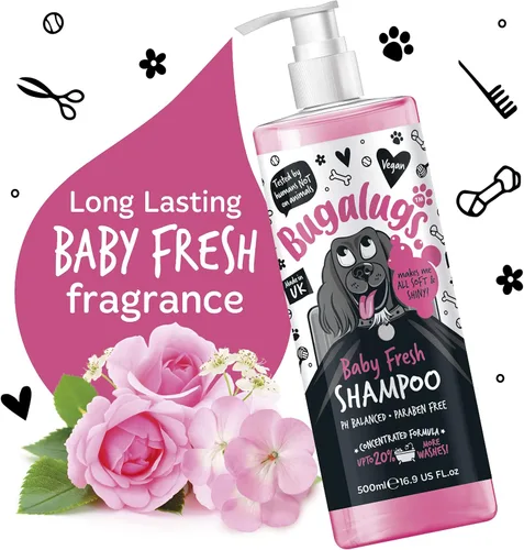 Vista 4 de BUGALUGS Baby Fresh - Champú para perros de 16.85 onzas líquidas, producto de aseo para perros malolientes con aroma a polvo de bebé, el mejor