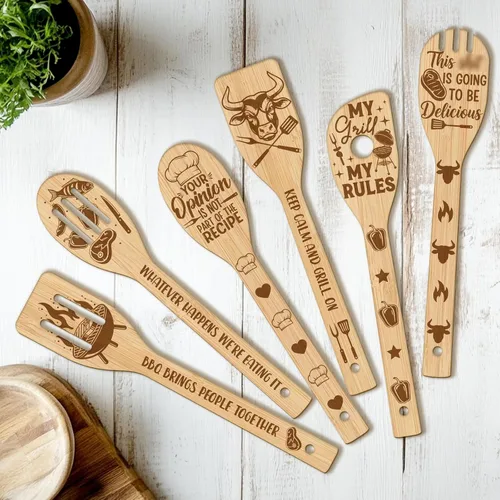 Vista 22 de CUTHOLLOW Juego de 6 utensilios de cocina de madera de gnomo para hornear, juego de cucharas de madera de bambú de 11.9 pulgadas no tóxicas