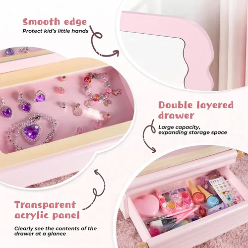 Vista 5 de Tocador de maquillaje para niñas pequeñas con espejo, tocador de maquillaje para niños con 27 piezas de accesorios, tocador de mesa para niñas