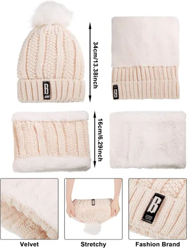 Vista 2 de Juego de 5 piezas de gorro de invierno bufanda y guantes de punto gorro con pompón, guantes cálidos para pantalla táctil, calentador de orejeras