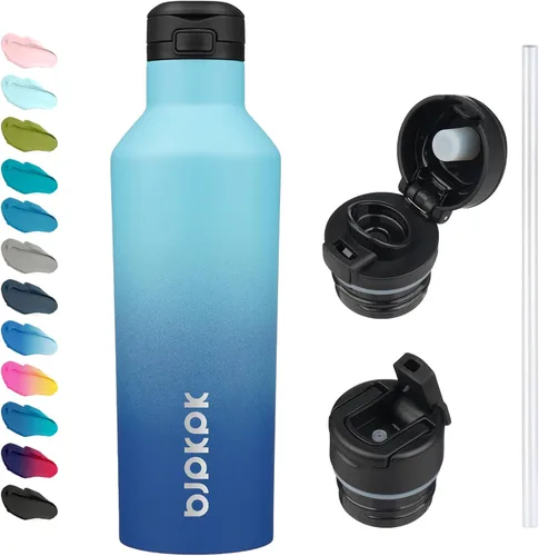 Vista 14 de BJPKPK Botella de agua aislada con pajilla, botellas de agua de acero inoxidable de 25 onzas con 2 tapas y asa de transporte, botella térmica