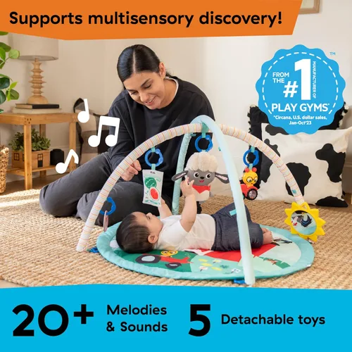 Vista 4 de Ingenuity Baby Einstein Exploradores de Granja Feliz Cosecha Tocar y Sentir Gimnasio de Juego para Bebé y Alfombrilla con 5 Juguetes Removibles, 20+