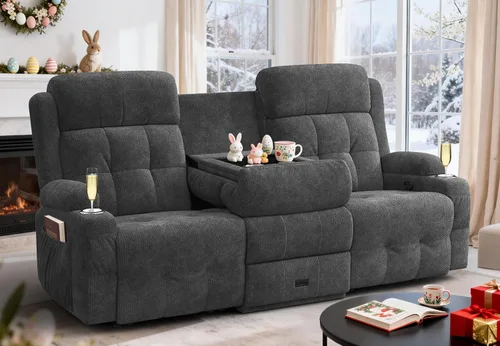 Vista 10 de Sofá Reclinable Loveseat de 3 Plazas, Asientos de Cine en Casa Sofá Reclinable con Respaldo Central Abatible, Sofá Cama RV Pegado a la Pared