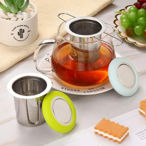 Vista 7 de 2 Pieces Tea Infusers Stainless Steel Strainer Folding Handle Filter Extra Filter Fine Mesh Strainer Brewing Basket with Lid for Loose Leaf Tea