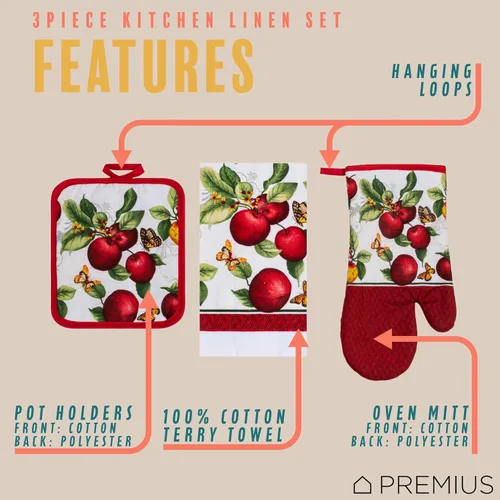 Vista 2 de Juego de 3 piezas de ropa de cocina con estampado de Apple Orchard, 1 toalla de algodón, 1 agarradera, 1 guante de horno con lazo para colgar