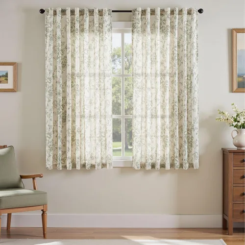 Vista 103 de JINCHAN Cortinas de mezcla de lino con flores para sala de campo francés, cortinas para sala de estar de 84 pulgadas de largo, cortinas impresas