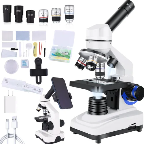 Vista 8 de Herwicm Microscopio, 40X-2000X Microscopio con adaptador de teléfono y juego de diapositivas, adecuado para estudiantes, escuela, laboratorio