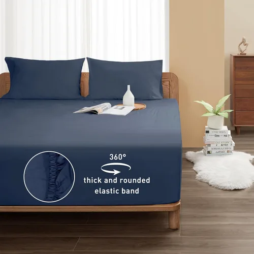 Vista 2 de Sunflower Sábana Bajera Ajustable Individual, Sábana Bajera Ajustable de 1 Pieza con Bolsillo Profundo de 15", 100% Algodón Satén Suave Azul Indigo