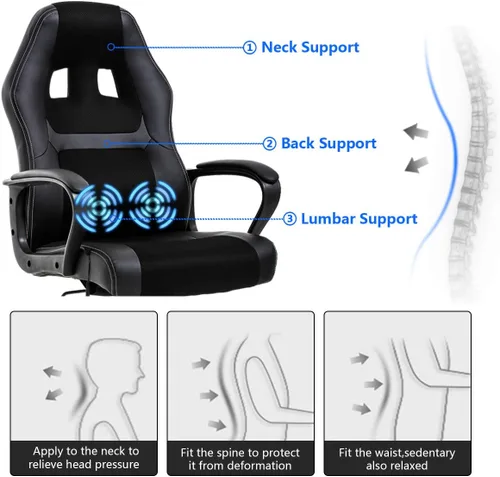 Vista 6 de Silla de computadora de PC con soporte lumbar de masaje, silla de oficina de respaldo alto, silla de escritorio con respaldo ergonómico, silla