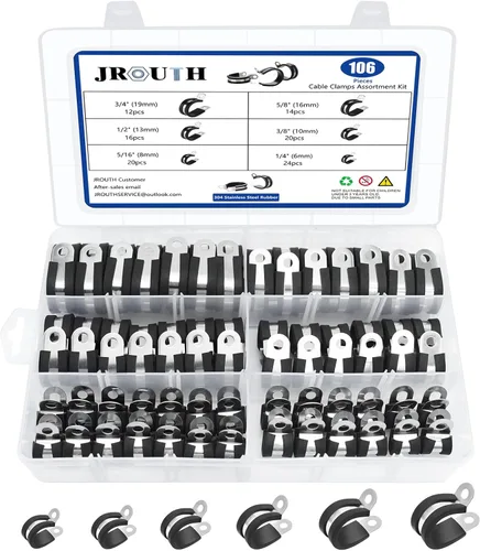 Kit surtido de 106 abrazaderas de cable, (0.23 a 0.79 pulgadas) - Abrazadera de tubo aislada acolchada de acero inoxidable 304, abrazadera de bucle,