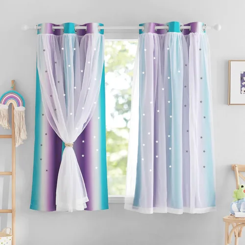 Vista 45 de NICETOWN Cortinas para dormitorio de niñas, cortinas de arco iris, cortinas de estrellas, cortinas de princesa, decoración de habitación