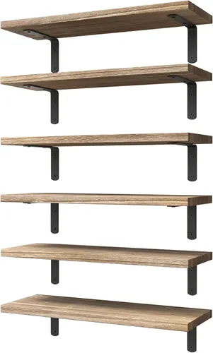Vista 9 de WOPITUES Juego de 6 estantes flotantes de madera, estantes para decoración de pared, estante de granja para dormitorio, estantes de almacenamiento