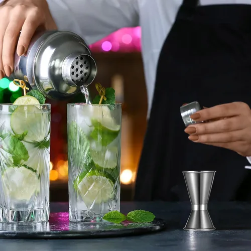 Vista 5 de Hoteam 9 piezas de acero inoxidable Jigger para bartending 1 y 1/2 oz cóctel Jigger Shot taza medidora 0.5 fl oz y 1.0 fl oz estilo japonés doble