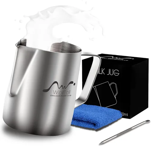 Jarra de espuma de leche de acero inoxidable, 12 oz/11.8 fl oz, café con leche, capuchino, latte, jarra de espuma para barista, tazas de leche