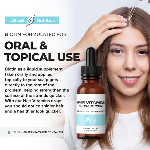 Vista 2 de Ultra6 Nutrition Biotina líquida con vitaminas para el cabello, vitamina C, E, B6 y aceite de coco orgánico, biotina líquida para el cabello