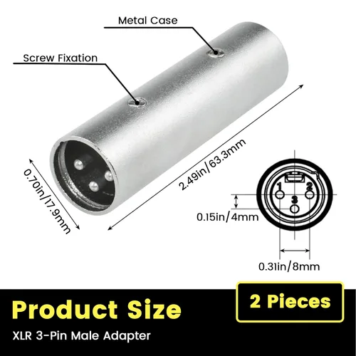 Vista 2 de Adaptador XLR macho a macho de 3 pines, 2 cambiadores de género XLR, adaptador de cable de micrófono macho de 3 pines para amplificador de potencia