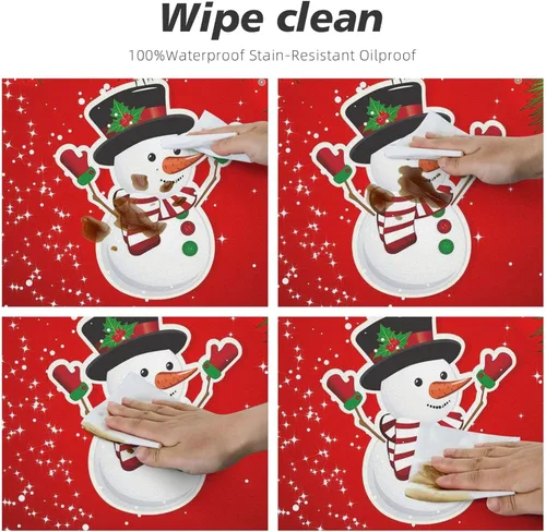 Vista 6 de Mantel redondo ajustable con diseño de muñeco de nieve, bolas de Navidad, ramas, bordes elásticos, impermeable, protector para cocina, comedor