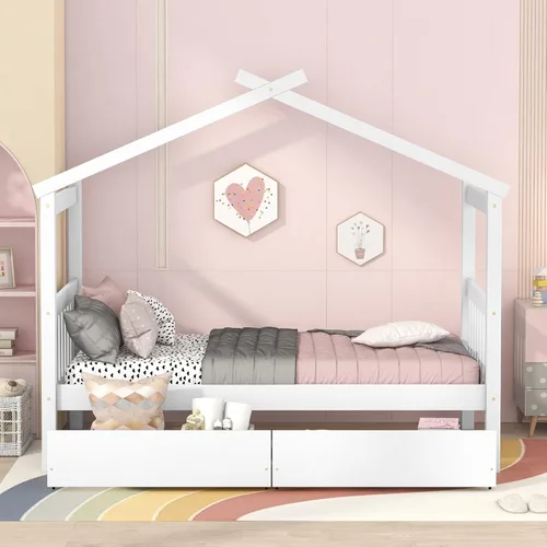 Vista 157 de Merax Cama de madera de tamaño individual con dos cajones, marco de cama de madera con techo para niños, adolescentes, niños o niñas, gris
