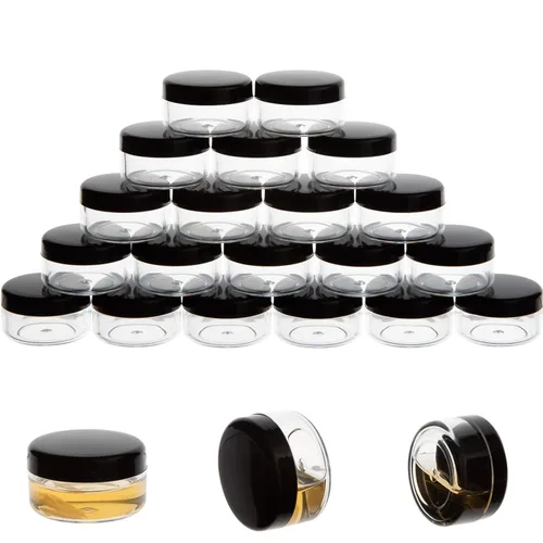 Contenedores de cosméticos con tapas, tarros de loción de plástico, tarros para muestras, con tapa rosa, 0.2 oz, 25 unidades, Tarro de 10 gramos.,