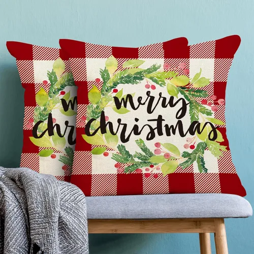 Vista 2 de Juego de 2 fundas de almohada de Navidad de 18 x 18 pulgadas, diseño de flores de búfalo rojo, corona de flores de Navidad, fundas de cojín de lino