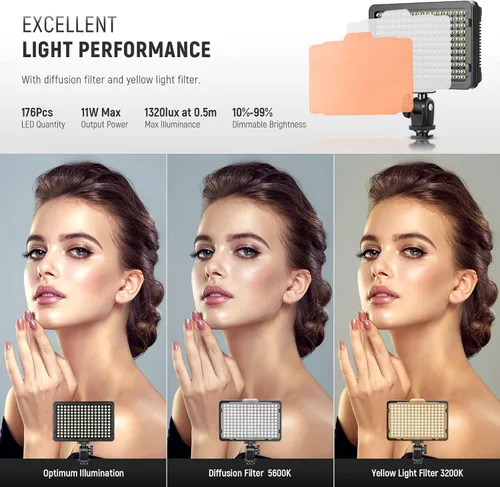 Vista 3 de Neewer Luz de Vídeo para Cámara con 176 LED Regulables, Panel con Rosca de 1/4 Pulgadas para Canon, Nikon, Sony y Otras Cámaras DSLR, 5600K