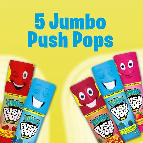 Vista 3 de Push Pop Surtido de caramelos Jumbo Lollipop - Fresa, frambuesa azul, explosión de bayas, sandía de cereza, 5