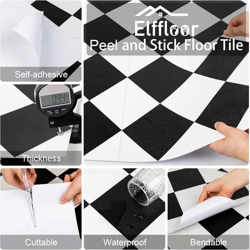 Vista 5 de Elffloor - Azulejos de despegar y pegar de 10 piezas, 11.8 * 11.8 pulgadas, autoadhesivos, impermeables, de vinilo para el suelo, adhesivos en negro