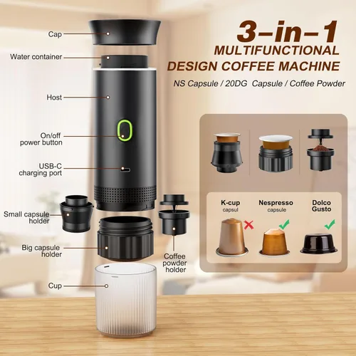 Vista 4 de Cafetera de café expreso a batería, cafetera Portatil Expreso, 20 bares, mini cafetera pequeña de 5 V, compatible con cápsulas NS y café molido