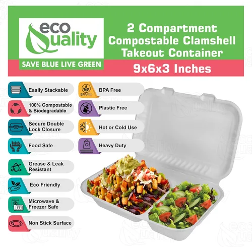 Vista 2 de Compostable 2 compartimentos rectangulares con bisagras Clamshell Take Out Contenedores de alimentos 9x6x3,Calidad resistente desechable para llevar