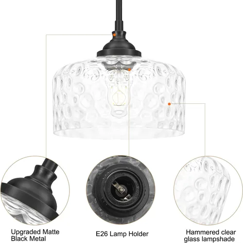 Vista 6 de Daunton Lámparas colgantes negras, luces colgantes para isla de cocina con pantalla de vidrio martillado para isla de cocina moderna, lámpara