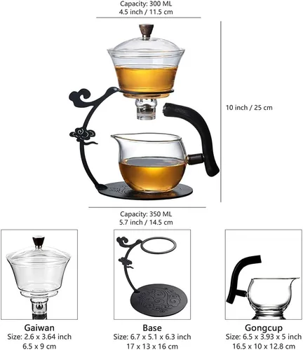 Vista 8 de Lazy Kungfu - Tetera de goteo resistente al calor, juego de tetera de vidrio semiautomática para flujo de agua magnético, juego de tetera de vidrio