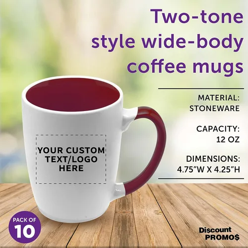 Vista 4 de DISCOUNT PROMOS Tazas de café personalizadas Java de dos tonos, 12 onzas, juego de 10, paquete personalizado a granel, perfectas para café, té