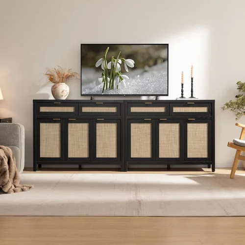 Vista 8 de SICOTAS - Aparador de bufé de ratán con almacenamiento, gabinete de acento estilo credenza bohemio con 3 puertas y 2 cajones, consola de café
