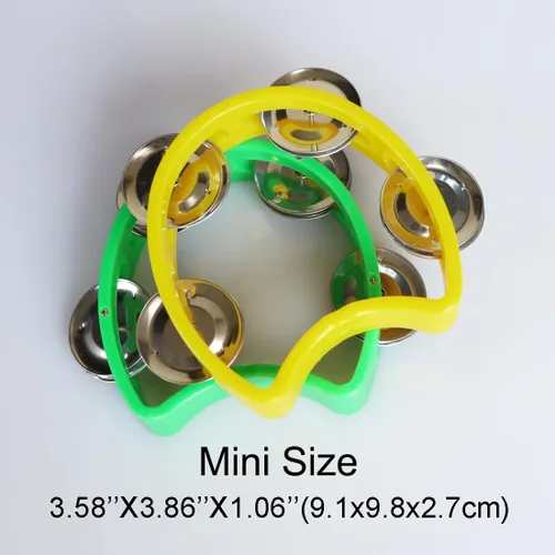 Vista 4 de Pandereta mini campana de mano de percusión instrumento musical pandereta pequeña (1 verde y 1 amarillo)