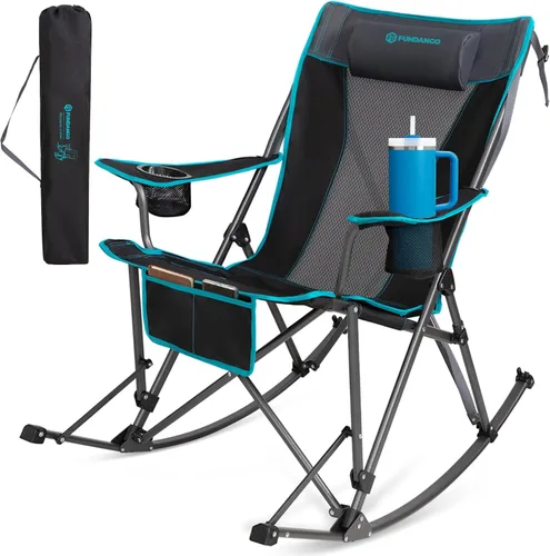Vista 10 de FUNDANGO Silla mecedora para campamento, respaldo de malla alta, sillas de campamento plegables portátiles con almohadas, portavasos y bolsa
