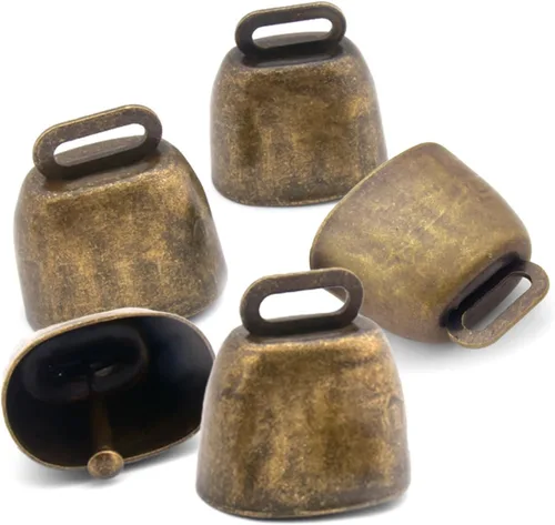 Vista 8 de Paquete de 5 pequeñas campanas de cobre de pastoreo de latón, mini campanas de oveja de vaca para perros, ganado, caballo, granja, campanas