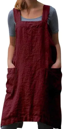 Vista 8 de TBA Delantal de lino de algodón, delantal con espalda cruzada para mujer con bolsillos grandes, vestido tipo delantal cuadrado para hornear