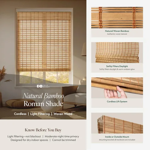 Vista 2 de CHICOLOGY Cordless Bamboo Roman Shade, Light Filtering, Squirrel 23x48 Ardilla