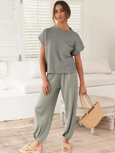 Vista 7 de ANRABESS - Conjunto de dos piezas para mujer, suéter de punto con chaleco, top corto y pantalones de ocio, conjunto de sudadera deportiva a juego