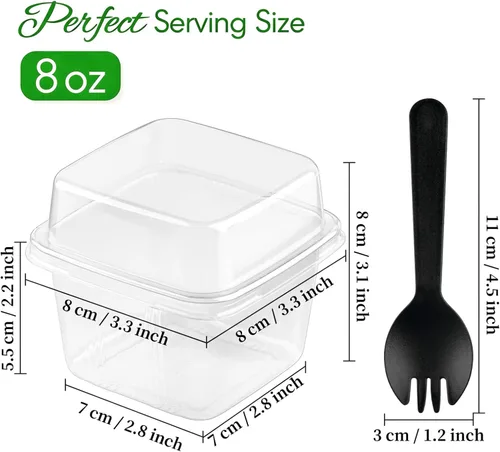 Vista 2 de Zezzxu Vasos de postre de 8 onzas con tapas y cucharas, 50 juegos, recipientes cuadrados de plástico para postres con tapas de cúpula y tenedores
