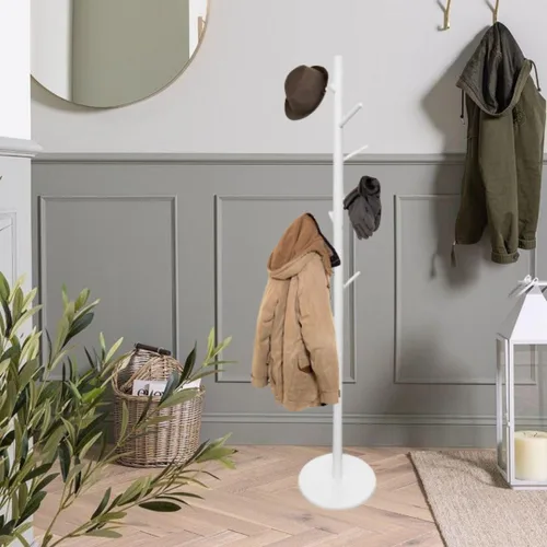 Vista 22 de Perchero y soporte de madera maciza, colgador de ropa independiente con 8 ganchos y 3 alturas ajustables, perchero, soporte para sombreros, Natural